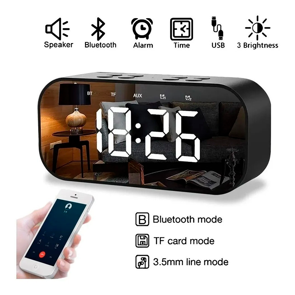 Reloj Despertador Digital con alarma Y Bocina Bluetooth Negro