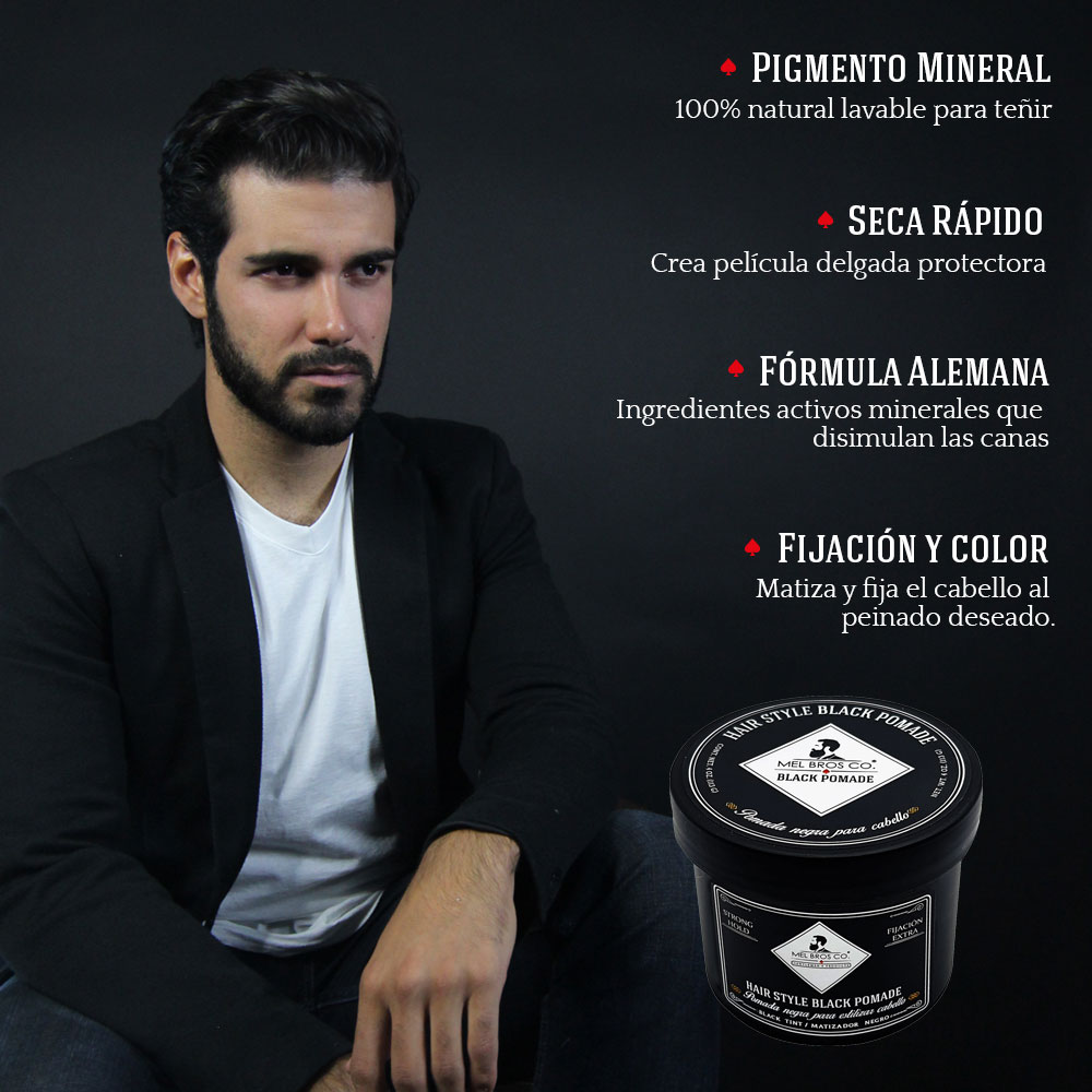 MEL BROS CO. - Hair Style Black - Pomada negra para estilizar, teñir y matizar cabello con canas. Extra Fijación 4 oz.