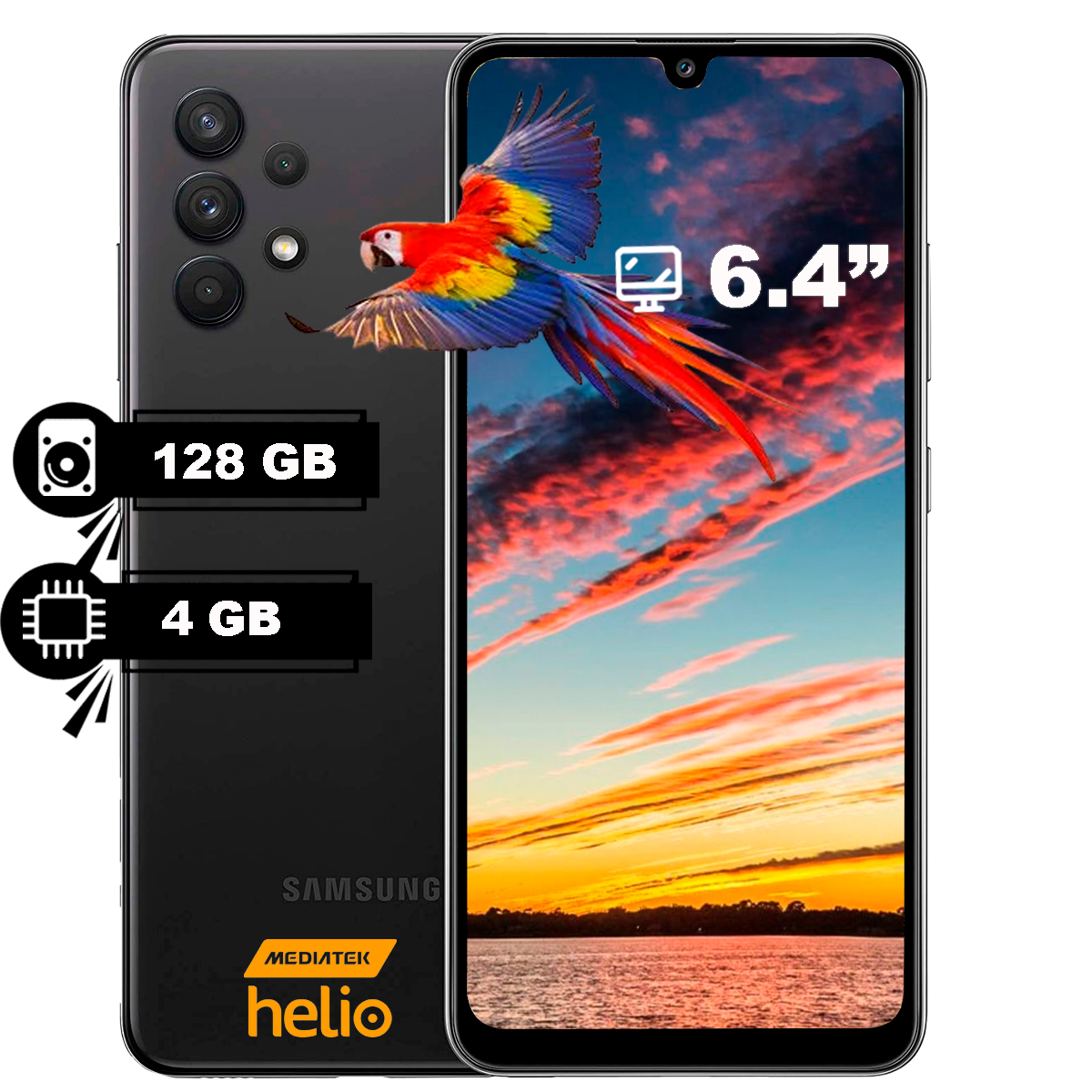 Celular Samsung Galaxy A32 6.4" 128GB/4GB Cámara 64MP+8MP+5MP+5MP/20 MP Mediatek Android 11 Single Sim Color Negro