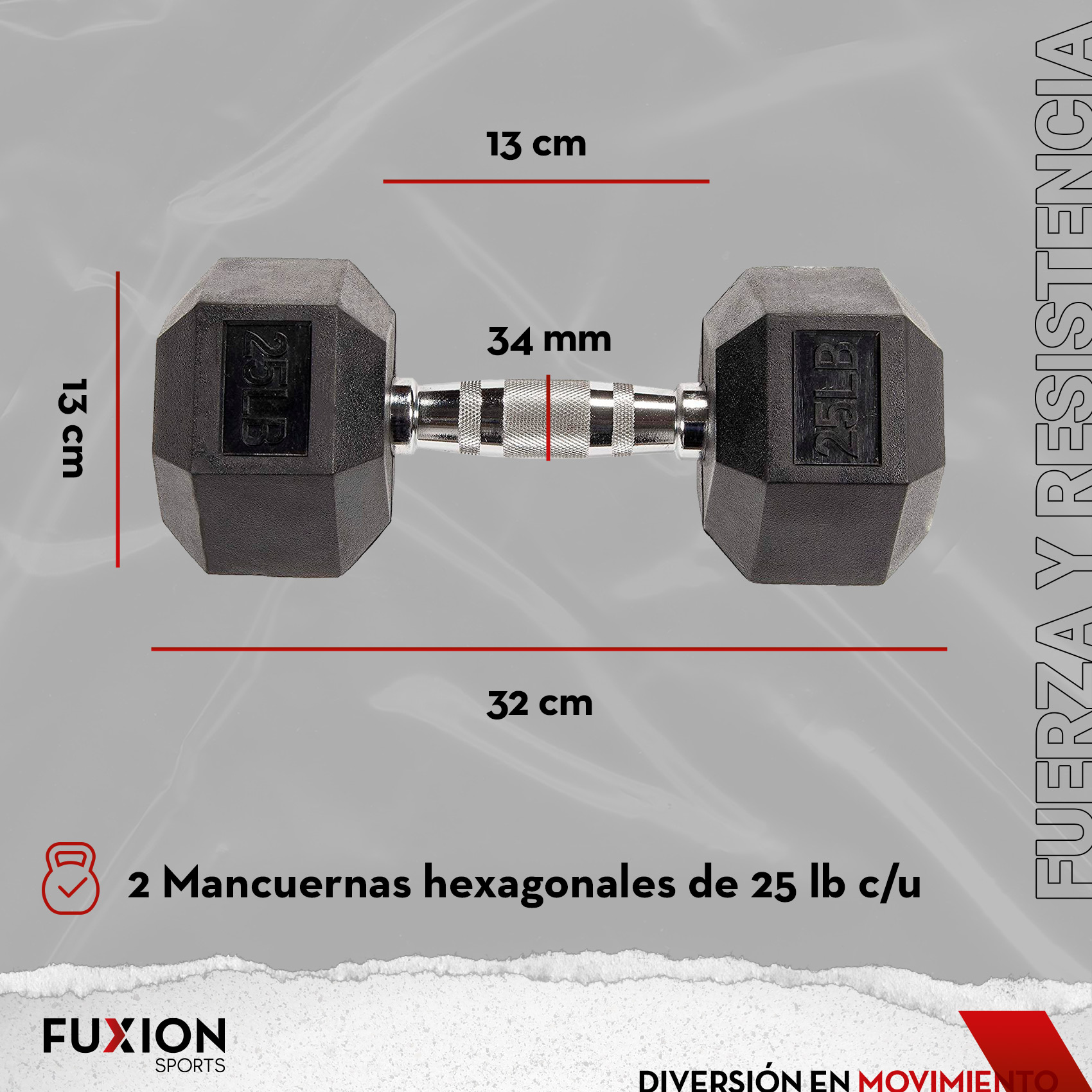 Set de 2 Mancuernas Hexagonales Fuxion Sports Acero 25 lbs. 11 kg