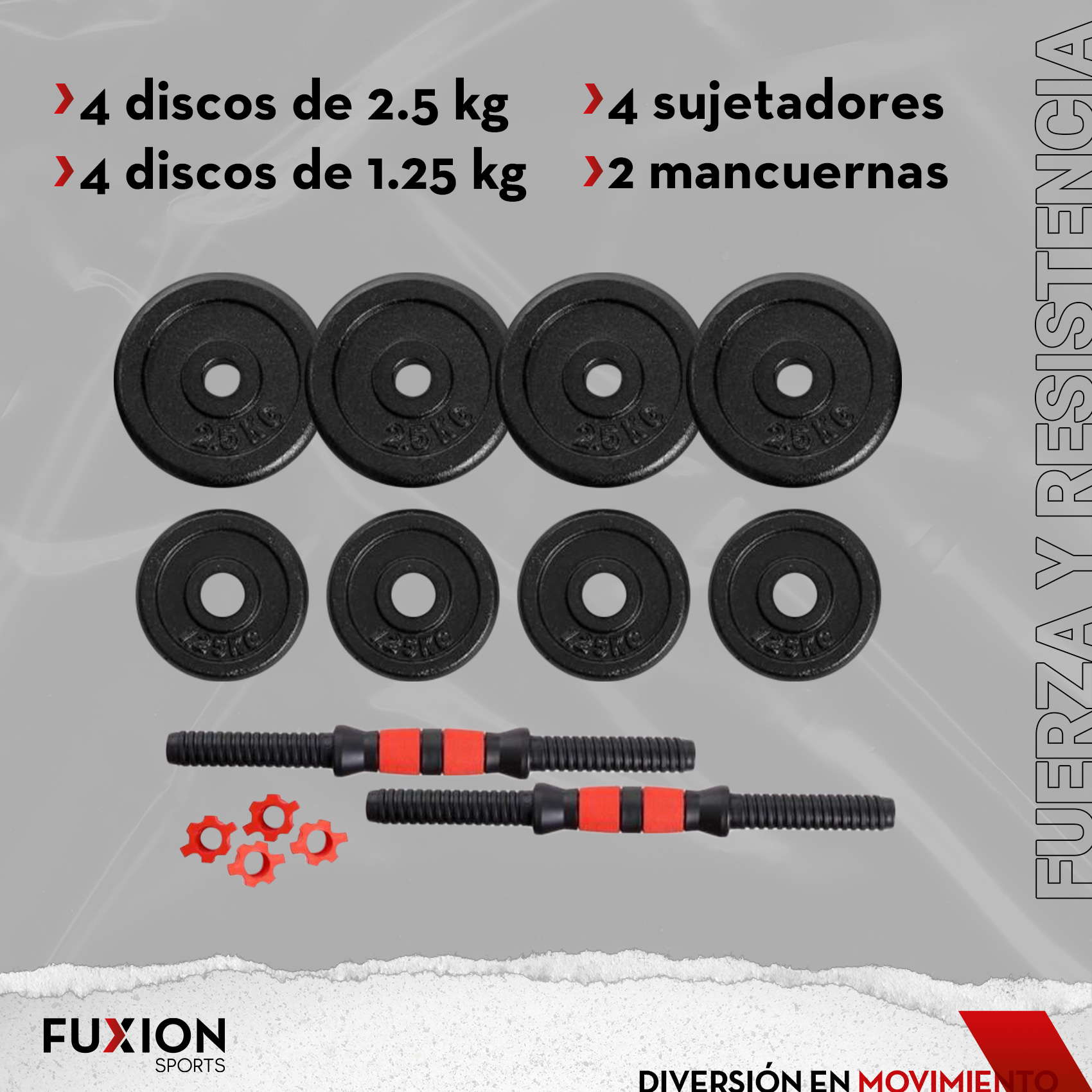 Set 2 Mancuernas Ajustables Fuxion Sports, 15 kg. Negro unitalla