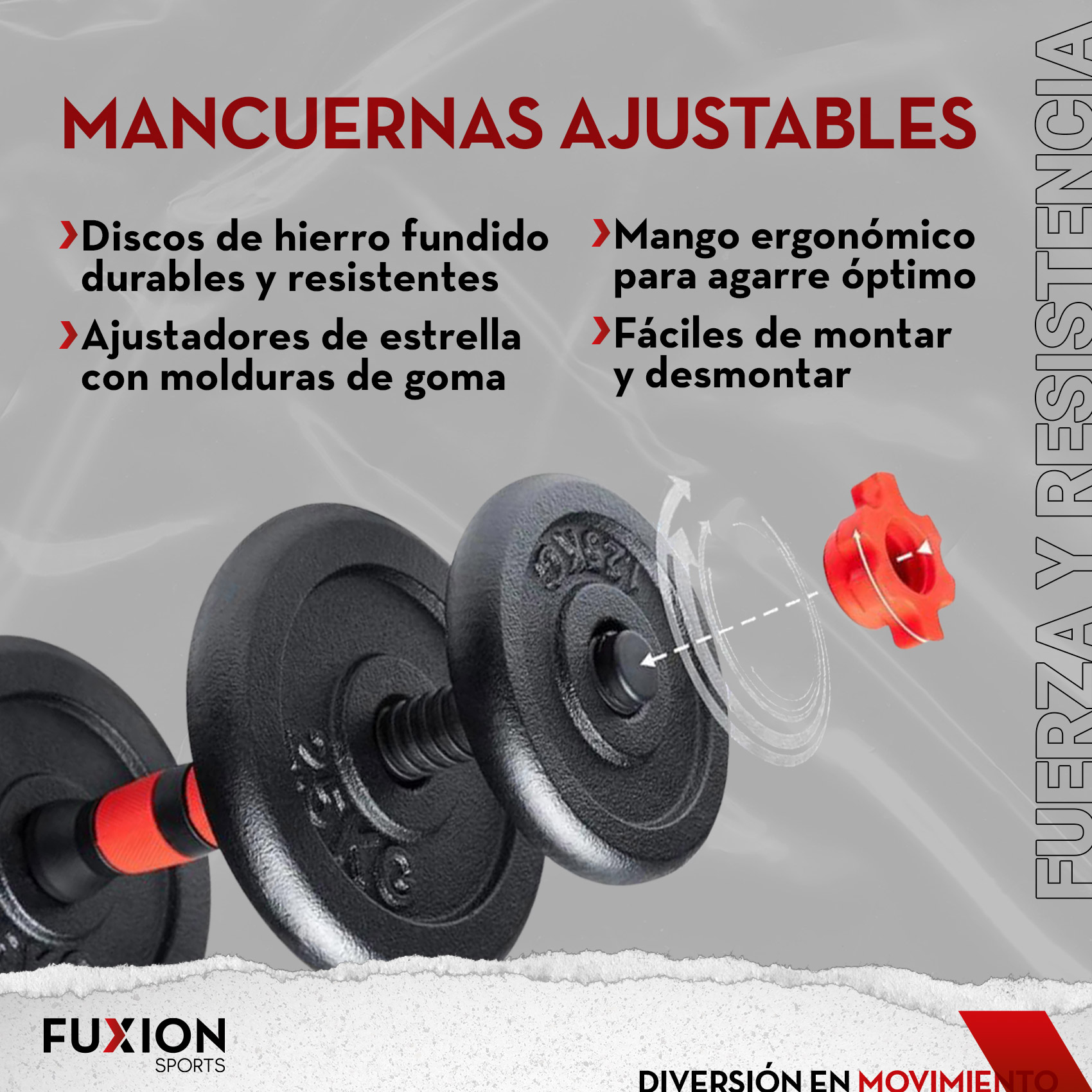 Set 2 Mancuernas Ajustables Fuxion Sports, 15 kg. Negro unitalla