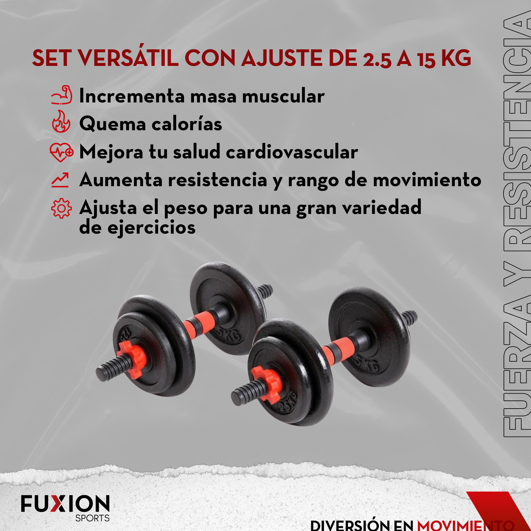 Set 2 Mancuernas 15 kg, Fuxion Sports, Metal con 8 Discos Negro unitalla