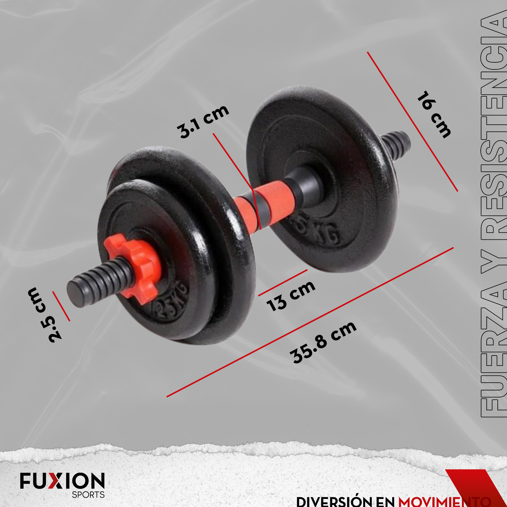 Set 2 Mancuernas 15 kg, Fuxion Sports, Metal con 8 Discos Negro unitalla