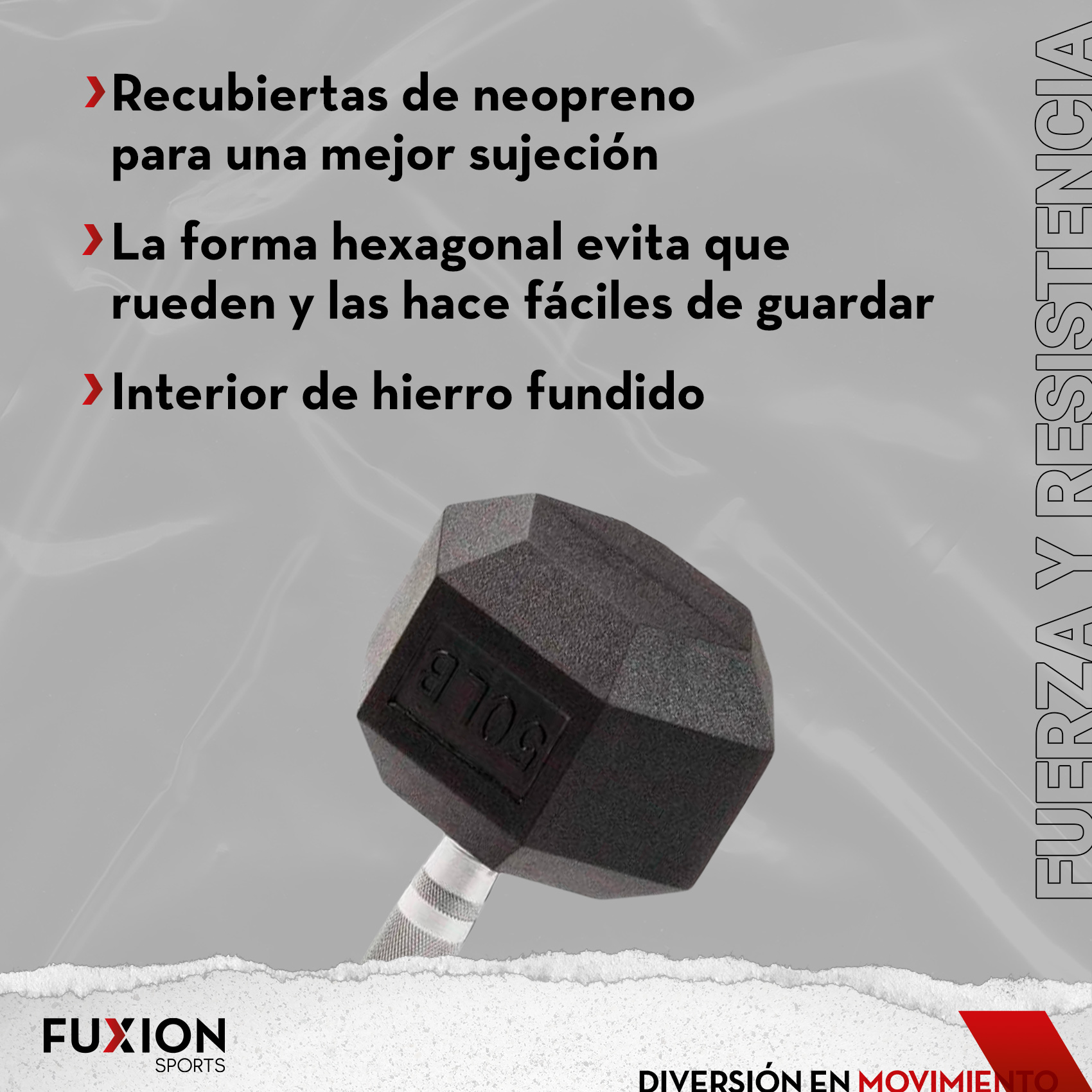 Mancuerna Hexagonal Fuxion Sports, Neopreno, 50 lbs. / 22.6 kg. Lbs Negro unitalla