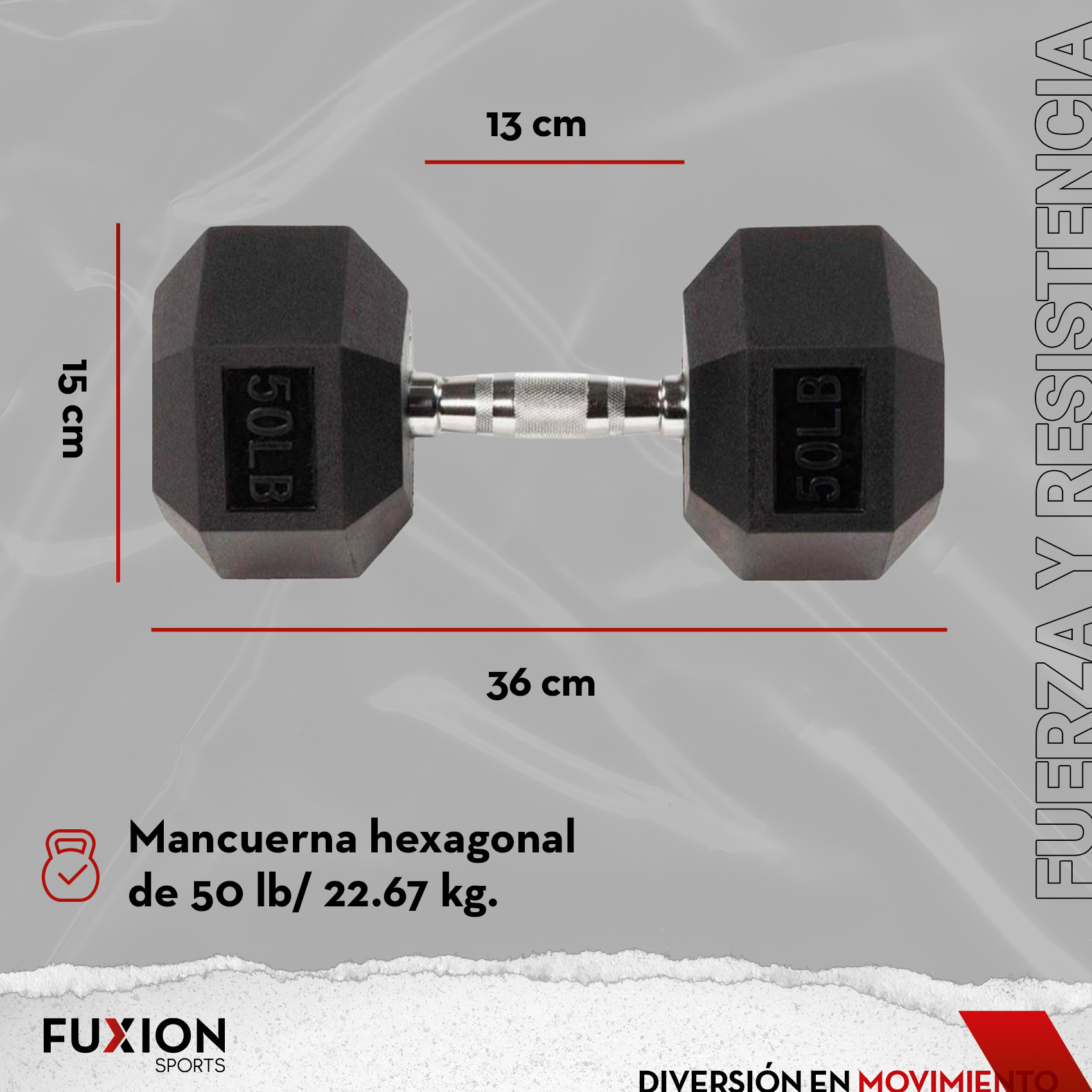 Mancuerna Hexagonal Fuxion Sports, Neopreno, 50 lbs. / 22.6 kg. Lbs Negro unitalla