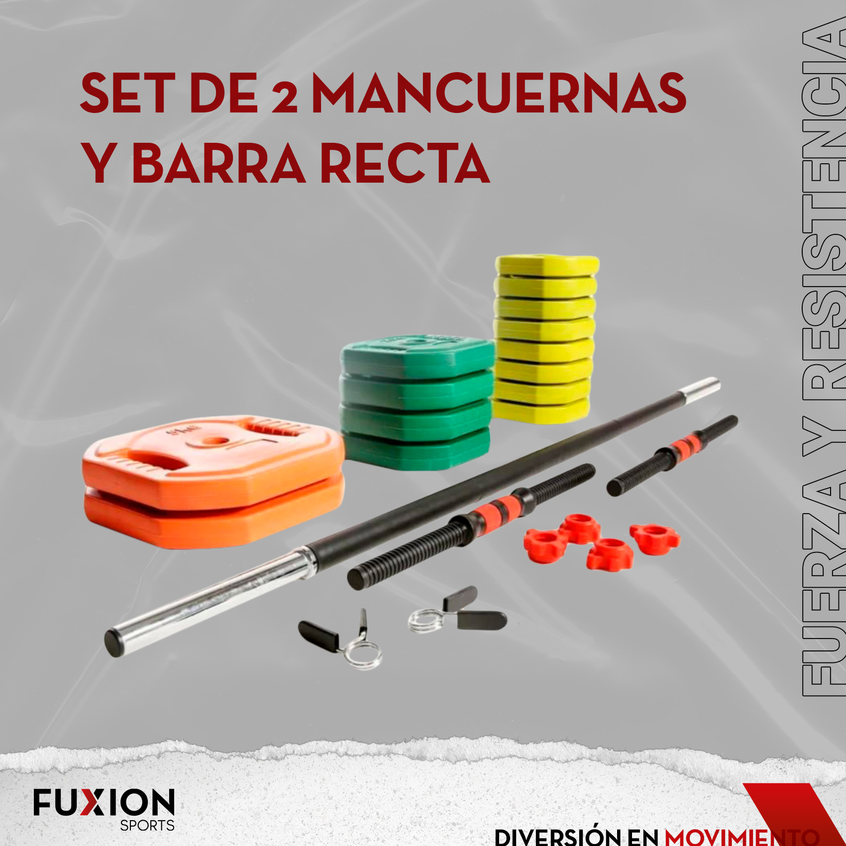 Set de 2 Mancuernas y Barra Fuxion Sports Acero y Cemento