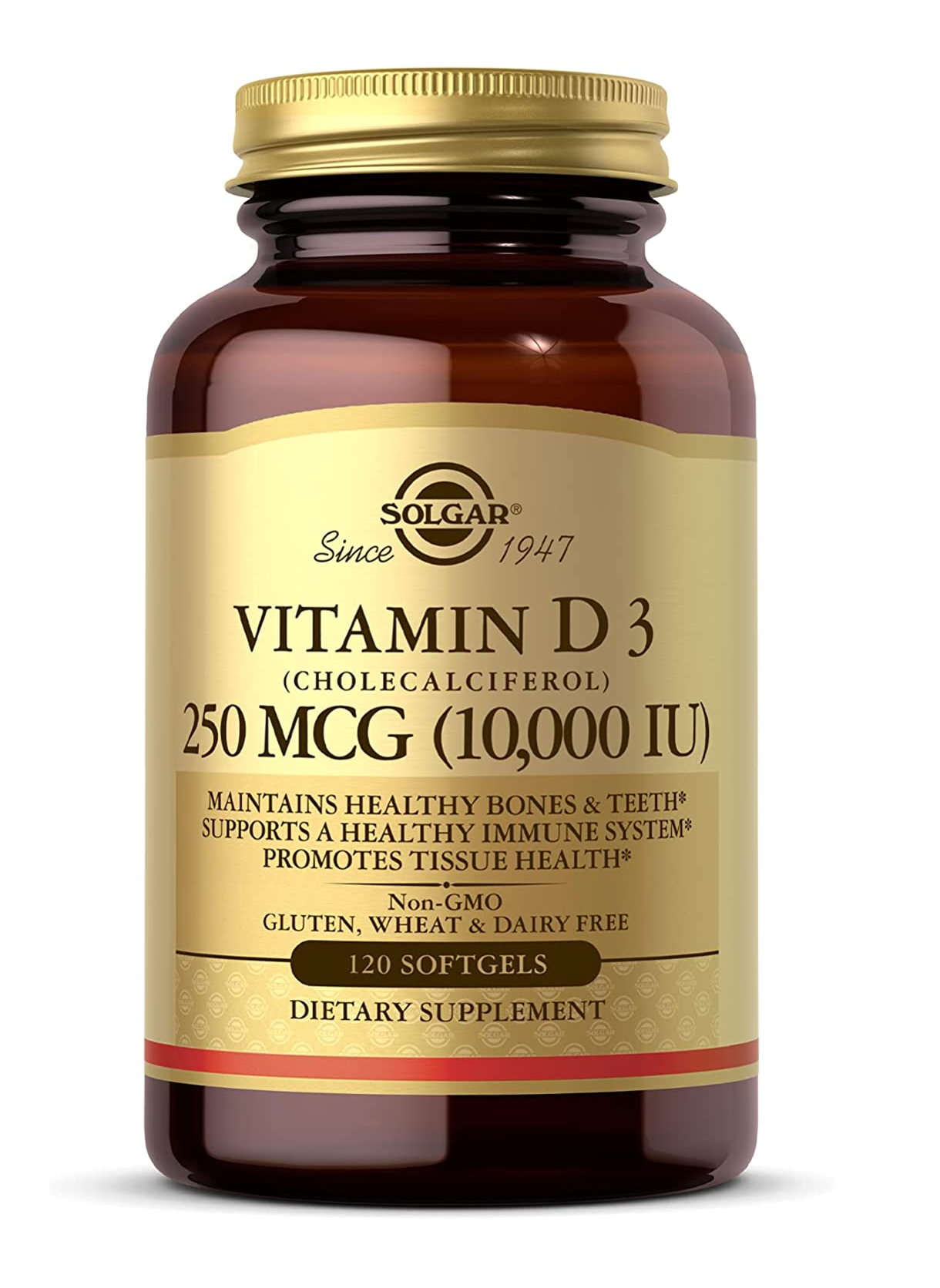 Vitamina D3 10,000 UI 120 cápsulas blandas sin gluten 5.6 Onzas