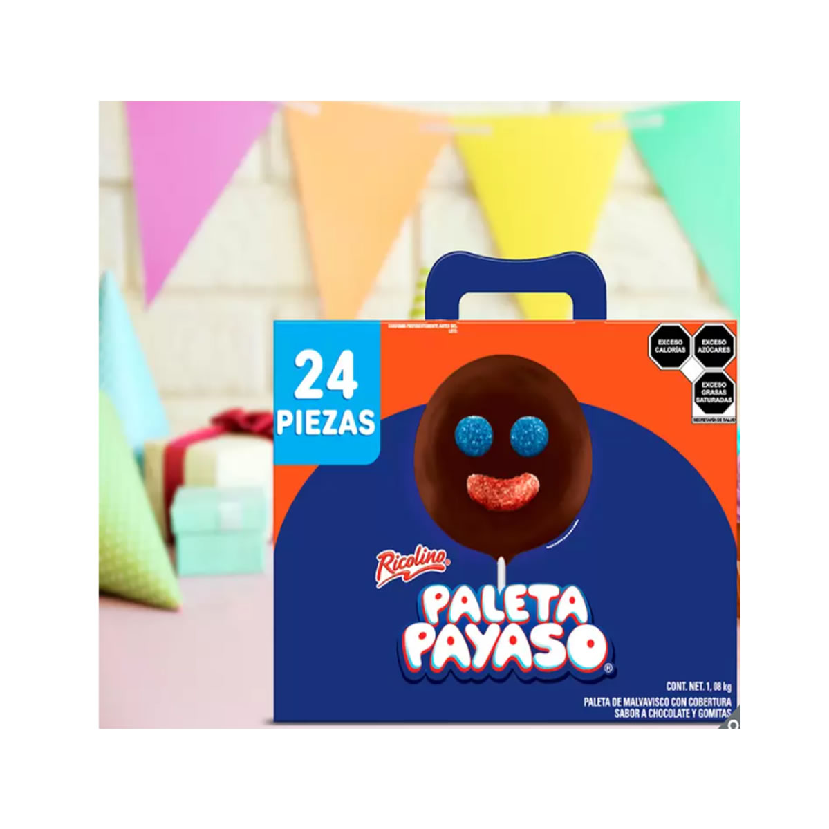 Ricolino Paleta Payaso de Malvavisco Cubierto con Chocolate y Gomitas 24 pzas
