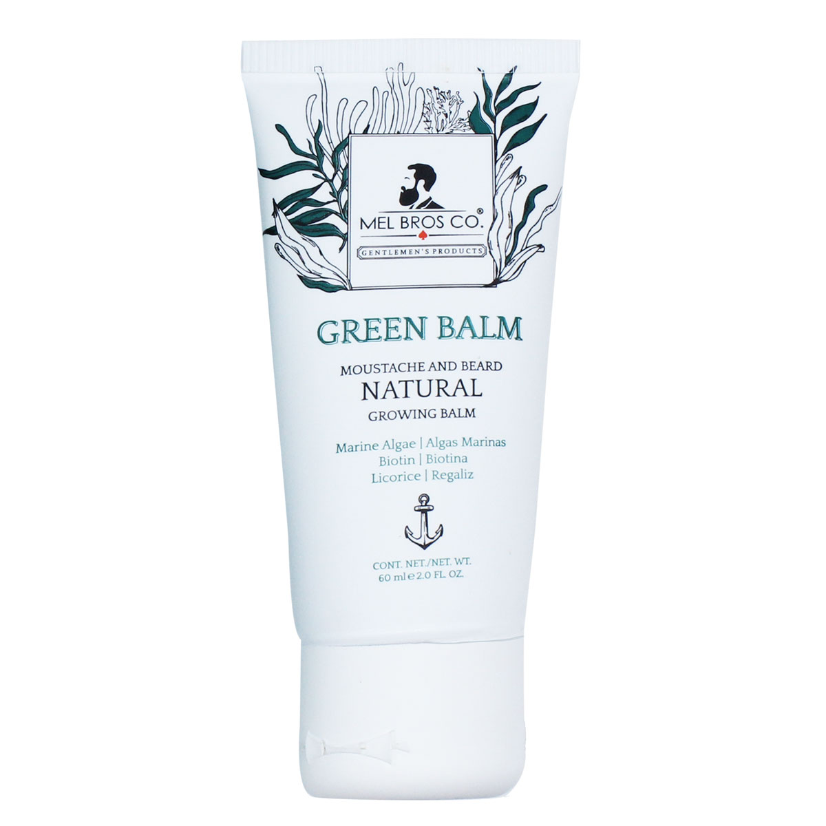 MEL BROS CO. - GREEN BALM Moutache and Beard Natural Growing Balm | Biotina, Regaliz, Bergamota y Algas Marinas (2 oz / 60 ml) Estimula Crecimiento Natural de tu Barba, Densidad, Grosor, Ligera, Rápida Absorción.