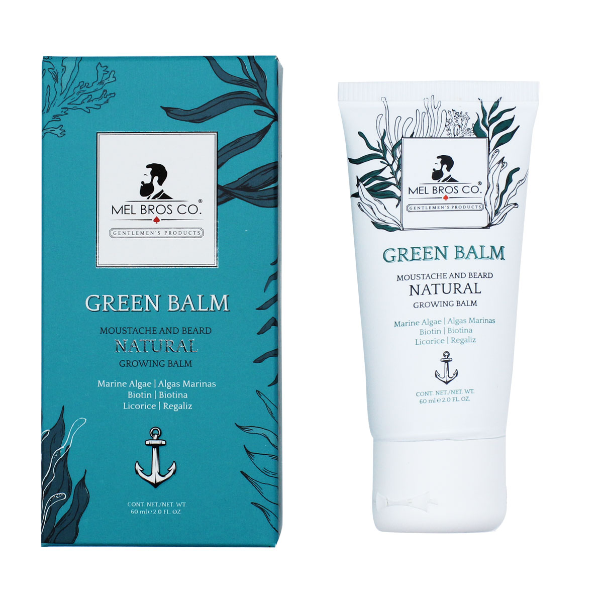 MEL BROS CO. - GREEN BALM Moutache and Beard Natural Growing Balm | Biotina, Regaliz, Bergamota y Algas Marinas (2 oz / 60 ml) Estimula Crecimiento Natural de tu Barba, Densidad, Grosor, Ligera, Rápida Absorción.