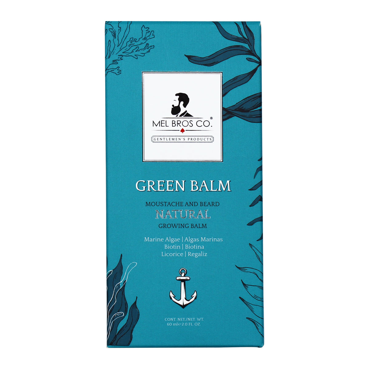 MEL BROS CO. - GREEN BALM Moutache and Beard Natural Growing Balm | Biotina, Regaliz, Bergamota y Algas Marinas (2 oz / 60 ml) Estimula Crecimiento Natural de tu Barba, Densidad, Grosor, Ligera, Rápida Absorción.