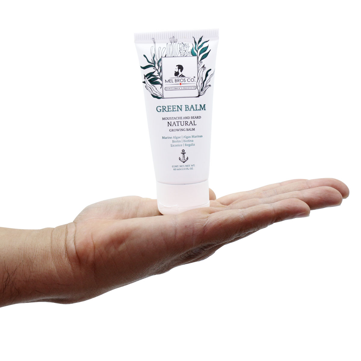 MEL BROS CO. - GREEN BALM Moutache and Beard Natural Growing Balm | Biotina, Regaliz, Bergamota y Algas Marinas (2 oz / 60 ml) Estimula Crecimiento Natural de tu Barba, Densidad, Grosor, Ligera, Rápida Absorción.