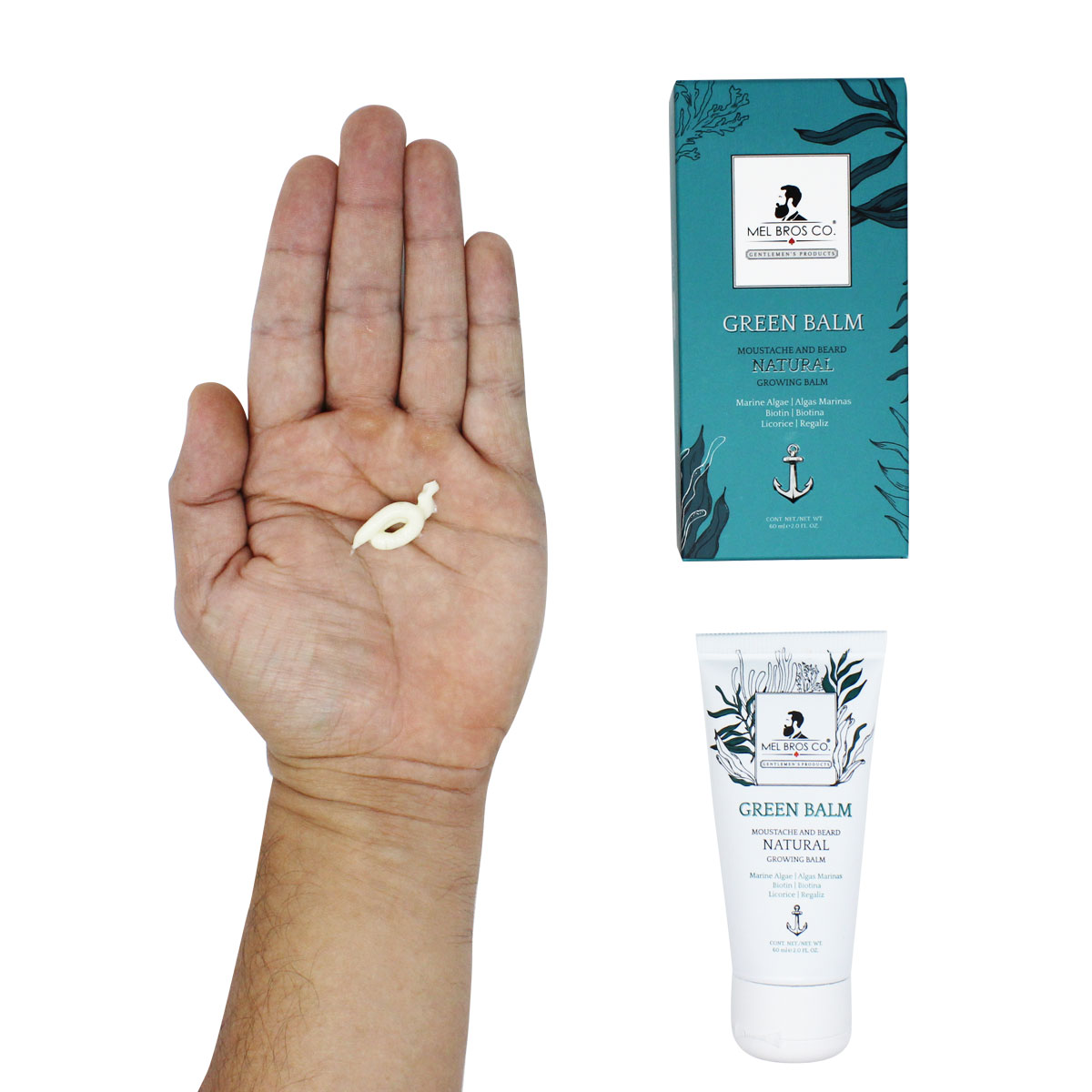 MEL BROS CO. - GREEN BALM Moutache and Beard Natural Growing Balm | Biotina, Regaliz, Bergamota y Algas Marinas (2 oz / 60 ml) Estimula Crecimiento Natural de tu Barba, Densidad, Grosor, Ligera, Rápida Absorción.