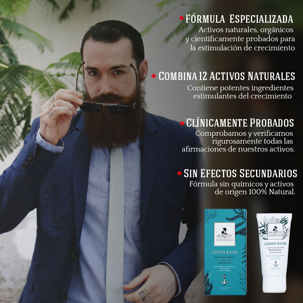 MEL BROS CO. - GREEN BALM Moutache and Beard Natural Growing Balm | Biotina, Regaliz, Bergamota y Algas Marinas (2 oz / 60 ml) Estimula Crecimiento Natural de tu Barba, Densidad, Grosor, Ligera, Rápida Absorción.