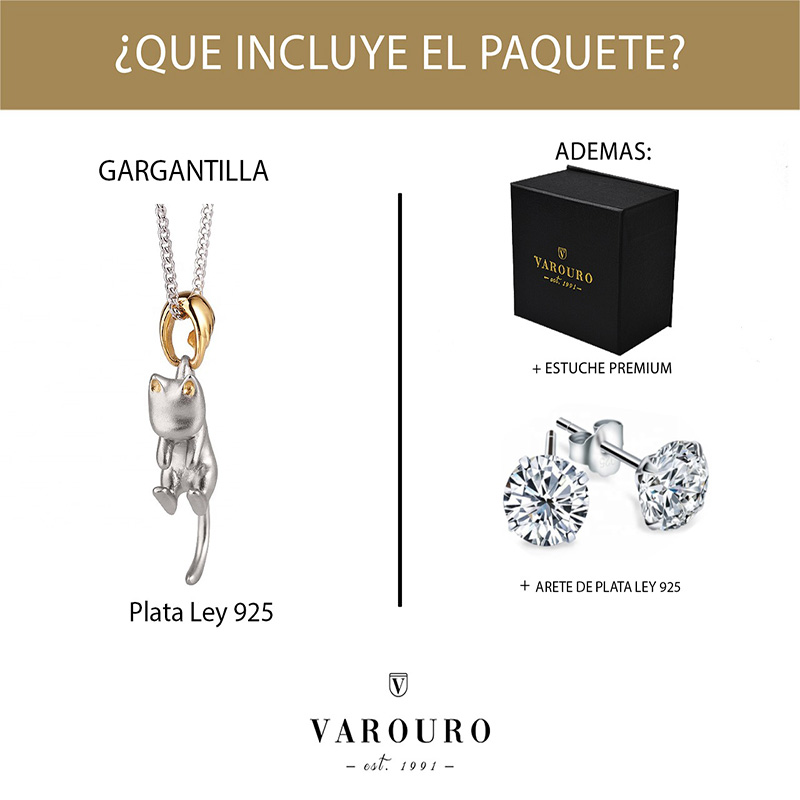 Cadena / Dije Gato Y Mano VAROURO Plata S925 Gargantilla + Estuche