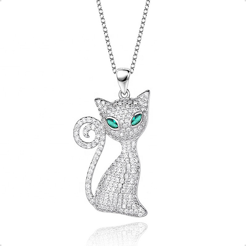 Cadena Y Dije Gato  VAROURO Plata S925 Brillante Zirconia + Estuche
