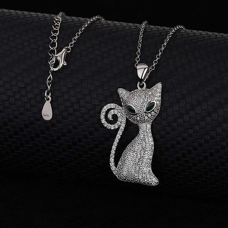Cadena Y Dije Gato  VAROURO Plata S925 Brillante Zirconia + Estuche