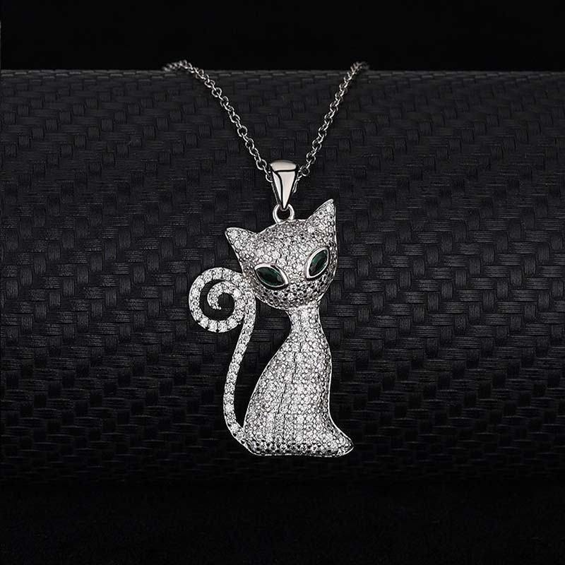 Cadena Y Dije Gato  VAROURO Plata S925 Brillante Zirconia + Estuche