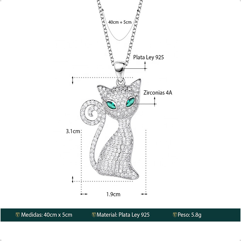 Cadena Y Dije Gato  VAROURO Plata S925 Brillante Zirconia + Estuche