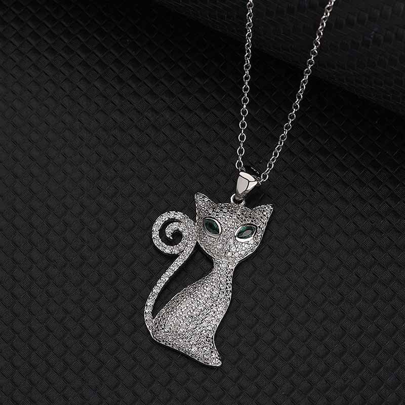 Cadena Y Dije Gato  VAROURO Plata S925 Brillante Zirconia + Estuche