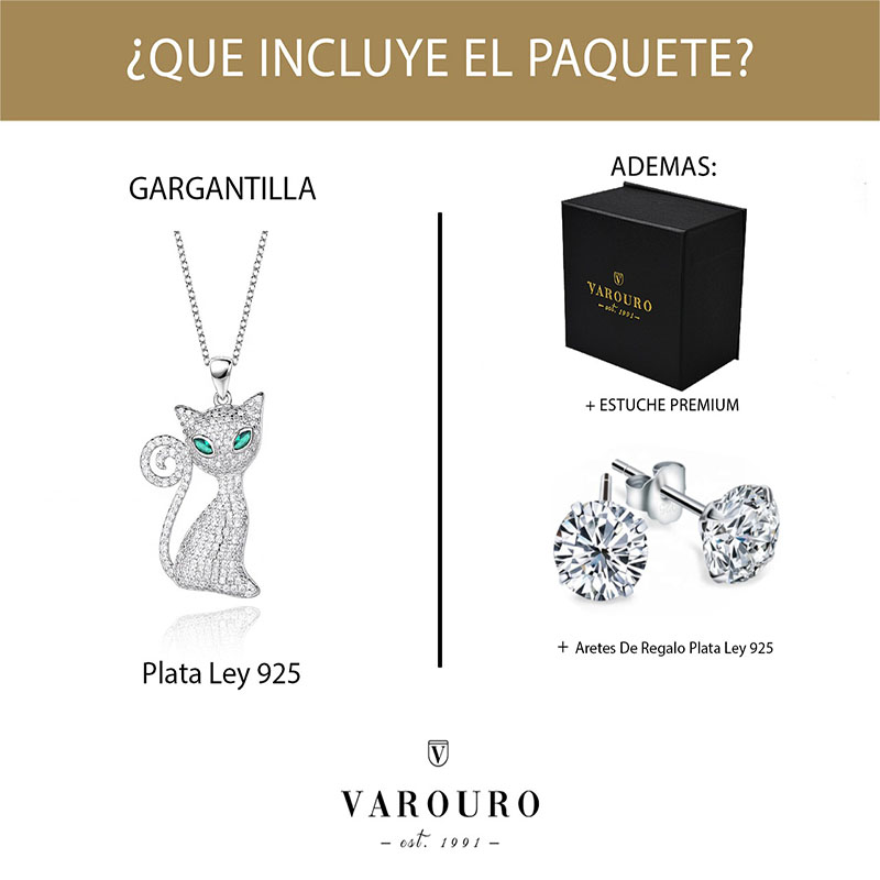 Cadena Y Dije Gato  VAROURO Plata S925 Brillante Zirconia + Estuche