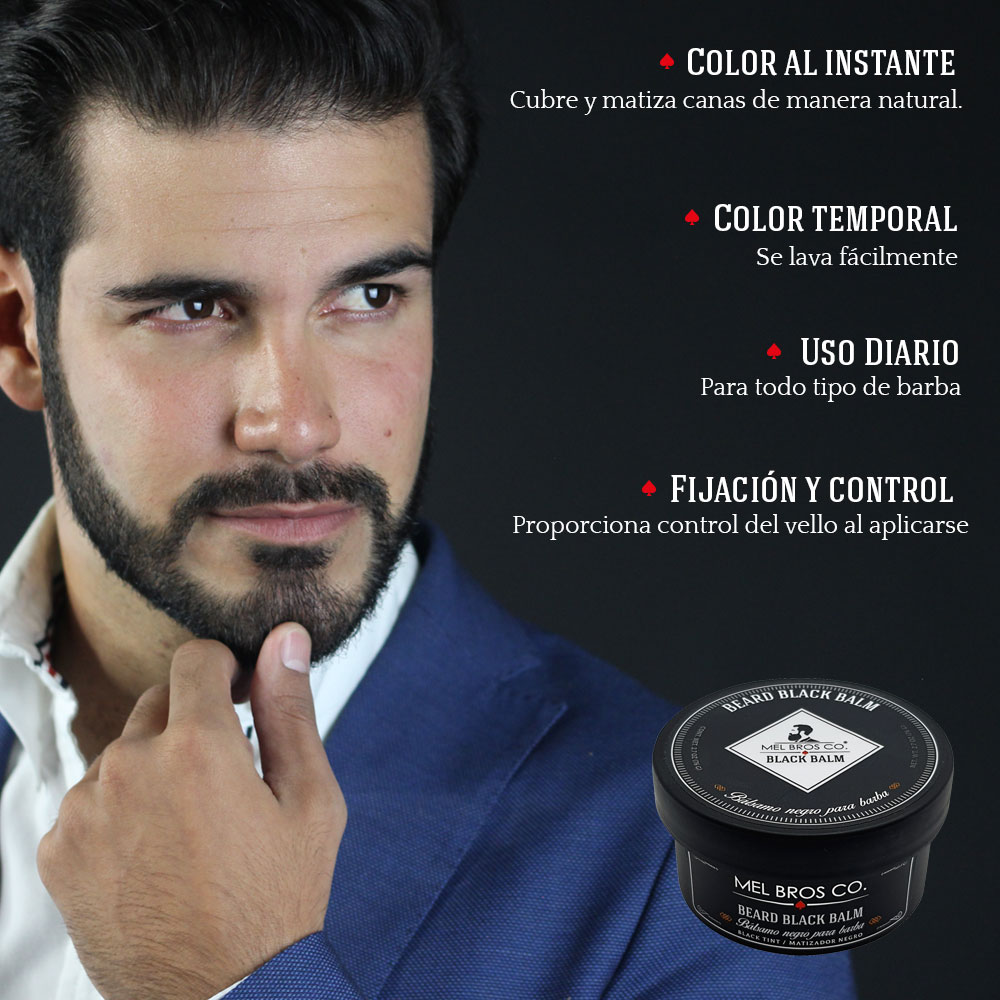 MEL BROS CO. - Beard Black Balm - Bálsamo negro para Teñir Barba y Bigote 2.7. Cubre canas, lavable, engrosa barba, fórmula europea.