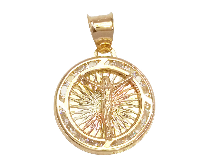 MEDALLA CON DISEÑO DE CRISTO EN 3COLORES Y RAYOS EN ORO DE 10K + OBSEQUIO