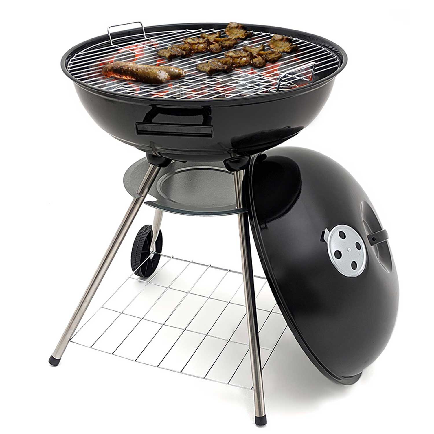 Asador de Carne Carbon Portatil 22 Pulgadas Acero Inoxidable 2 Parrillas Ruedas