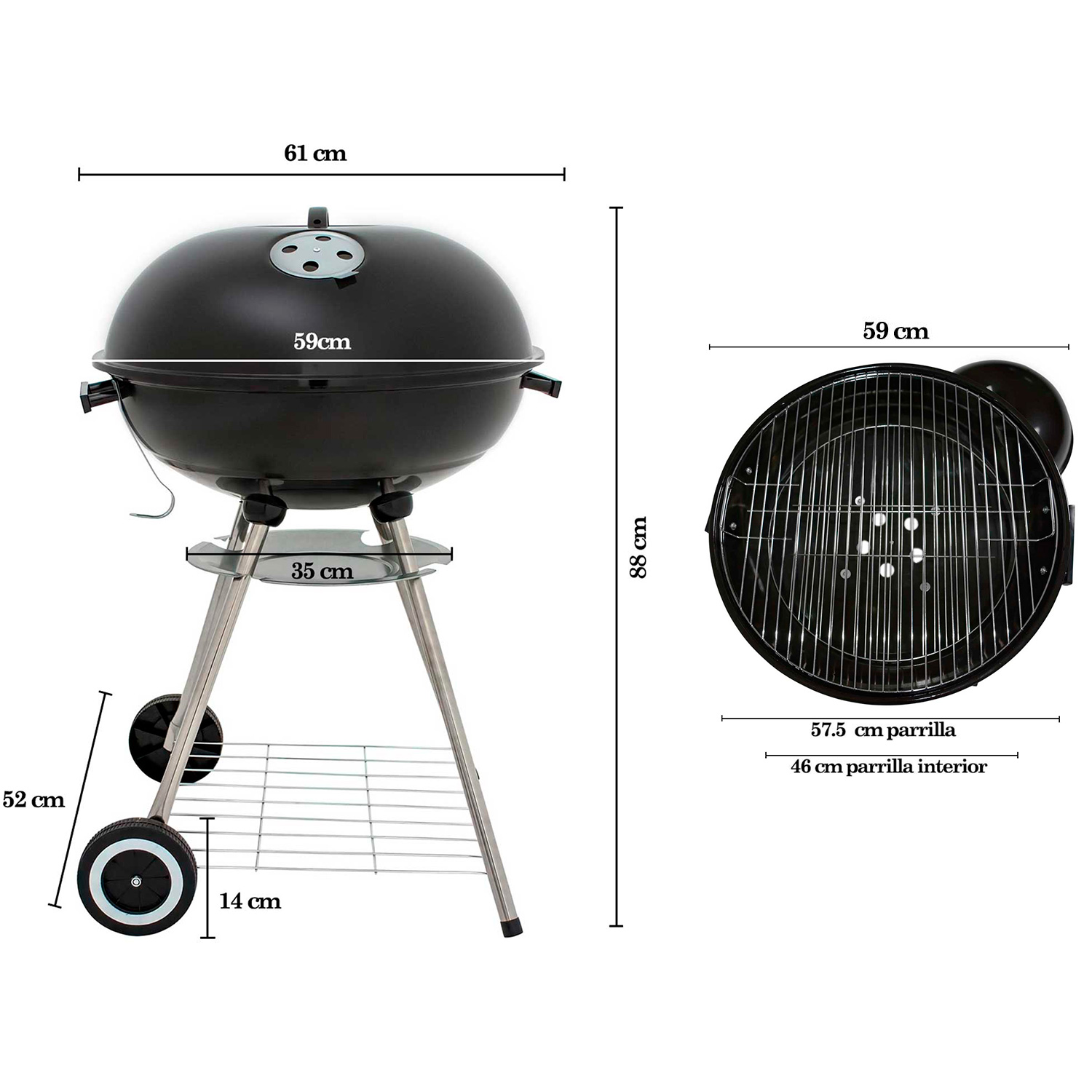Asador de Carne Carbon Portatil 22 Pulgadas Acero Inoxidable 2 Parrillas Ruedas