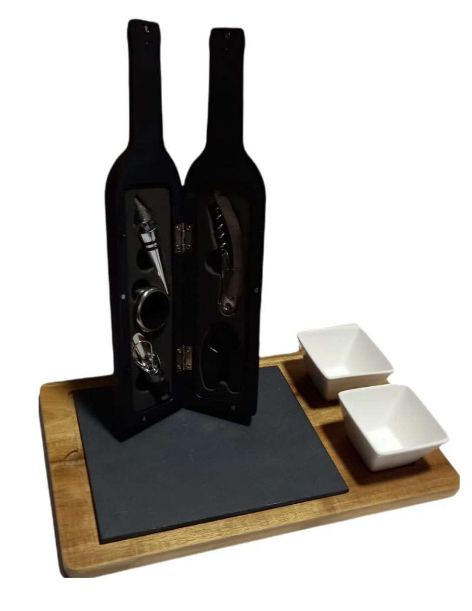 Tabla para entradas con salseros de porcelana y acc para vino 