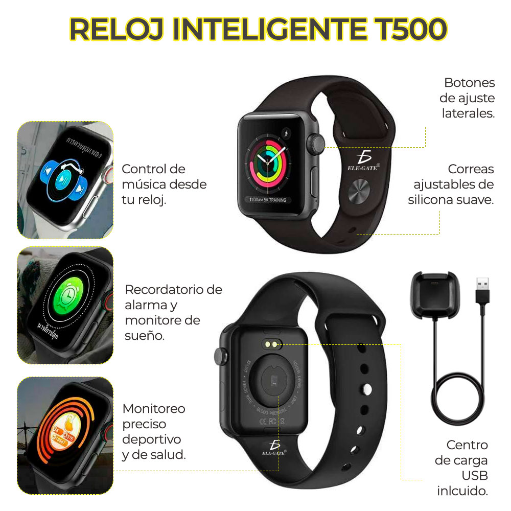 Smart Watch T500 Negro Contesta Llamadas Bluetooth - Ritmo Cardiaco - Redes sociales Favoritas.