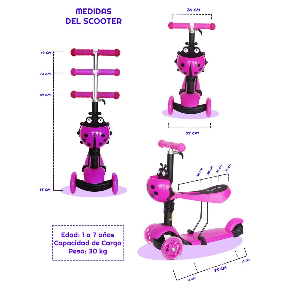 Scooter Ladybug (Catarina), con Asiento para Niños de 2 a 5 años Rosa