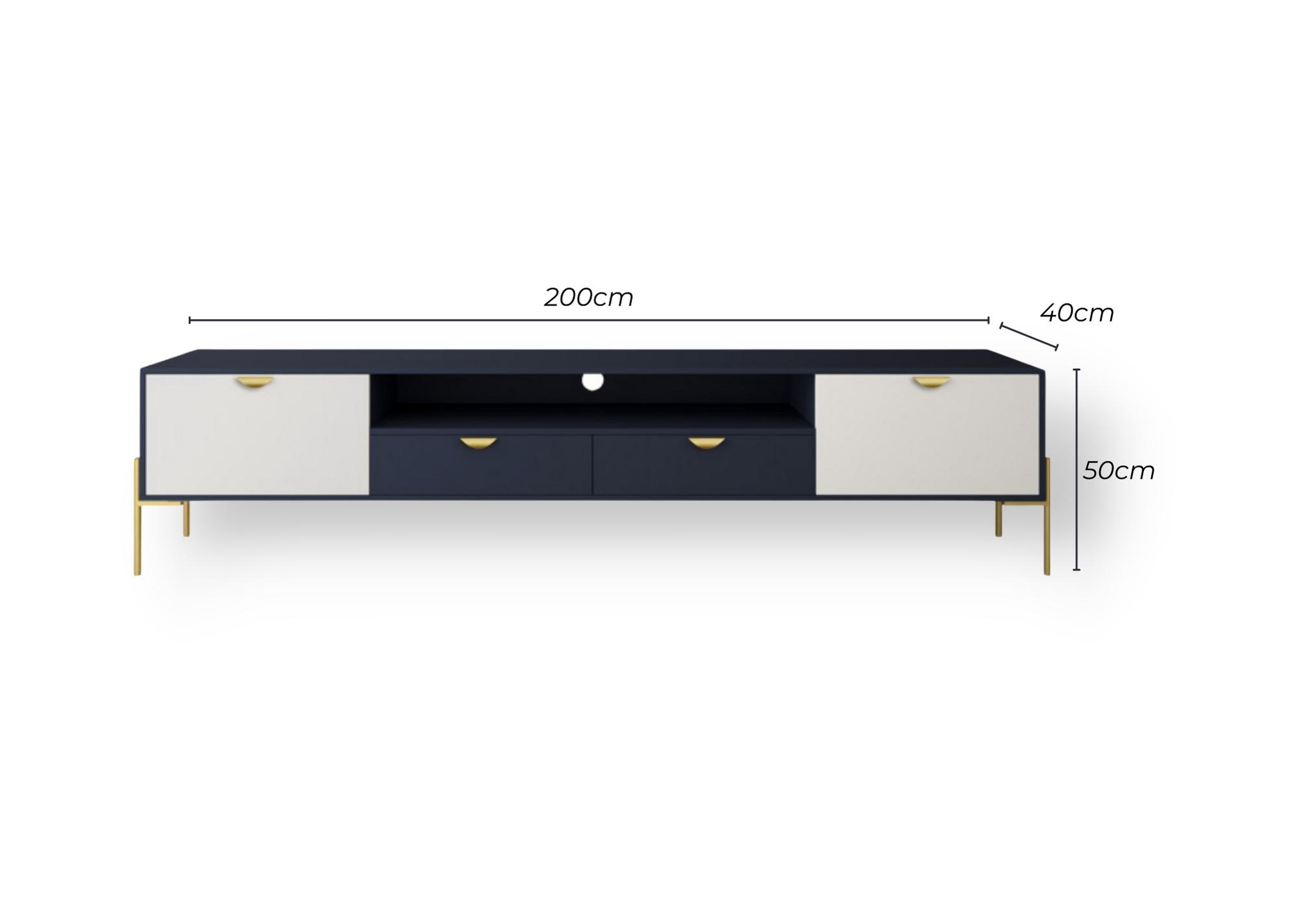 MESA DE CENTRO PARA TV 2M, CON CAJONES Y PATAS DE ACERO DE ACERO DELICADAS, MATERIAL MDF (AZUL/BLANCO)