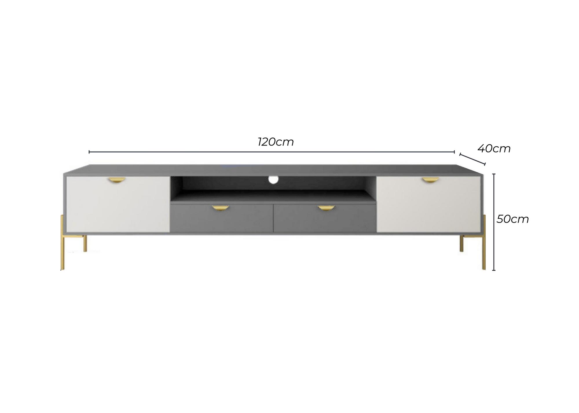 MESA DE CENTRO PARA TV 2M, CON CAJONES Y PATAS DE ACERO DE ACERO DELICADAS, MATERIAL MDF (GRIS CON BLANCO)