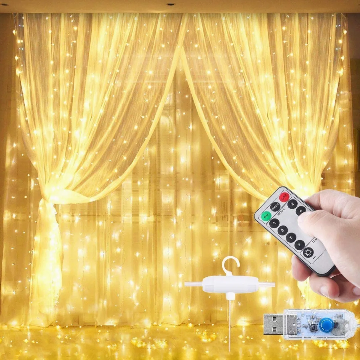 Cortina De Luces Calido LED De 3x3 Metros Conexión USB