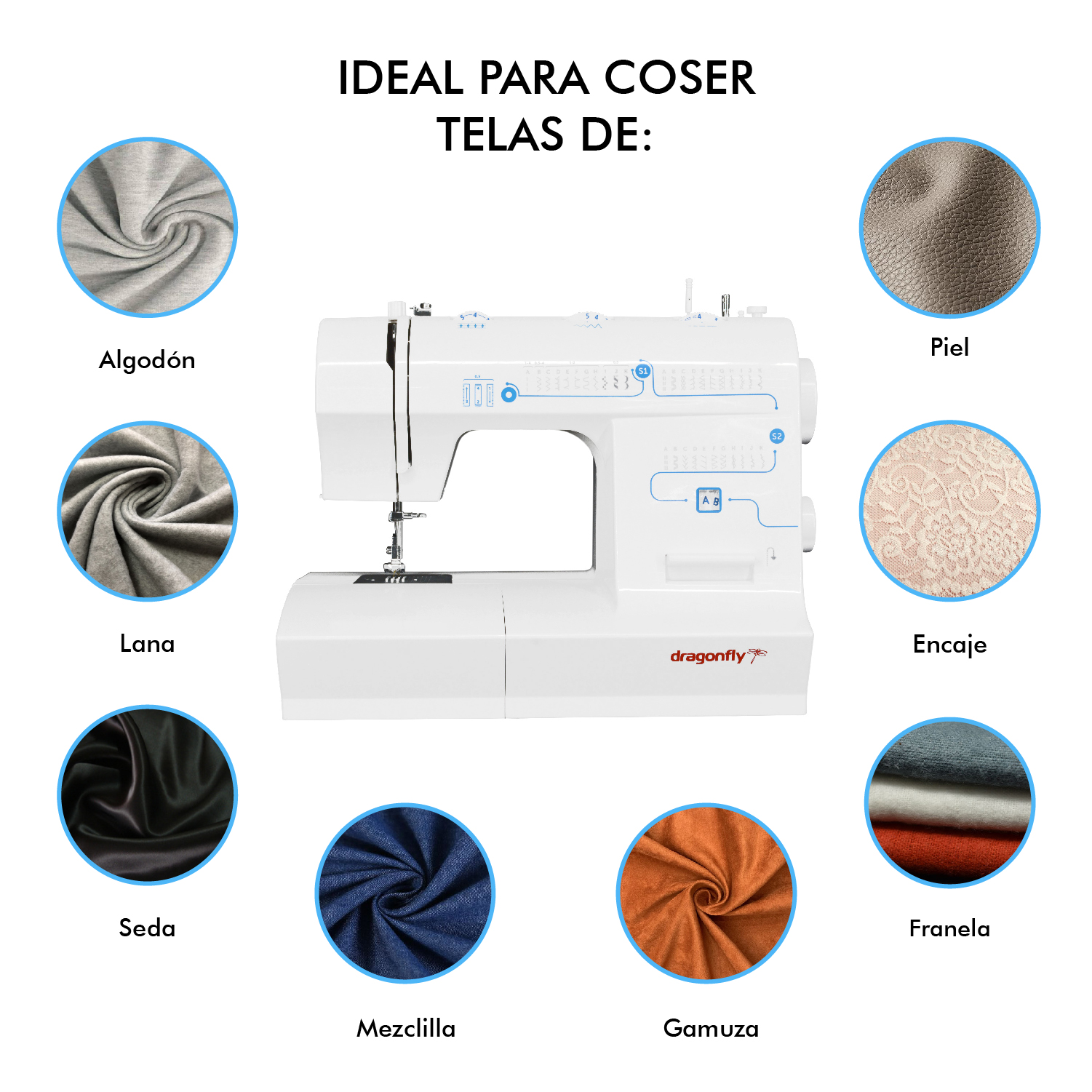 Maquina Coser 33 Puntadas Mecanica Dragonfly Longitud de Agujas Ajustable Luz Led 