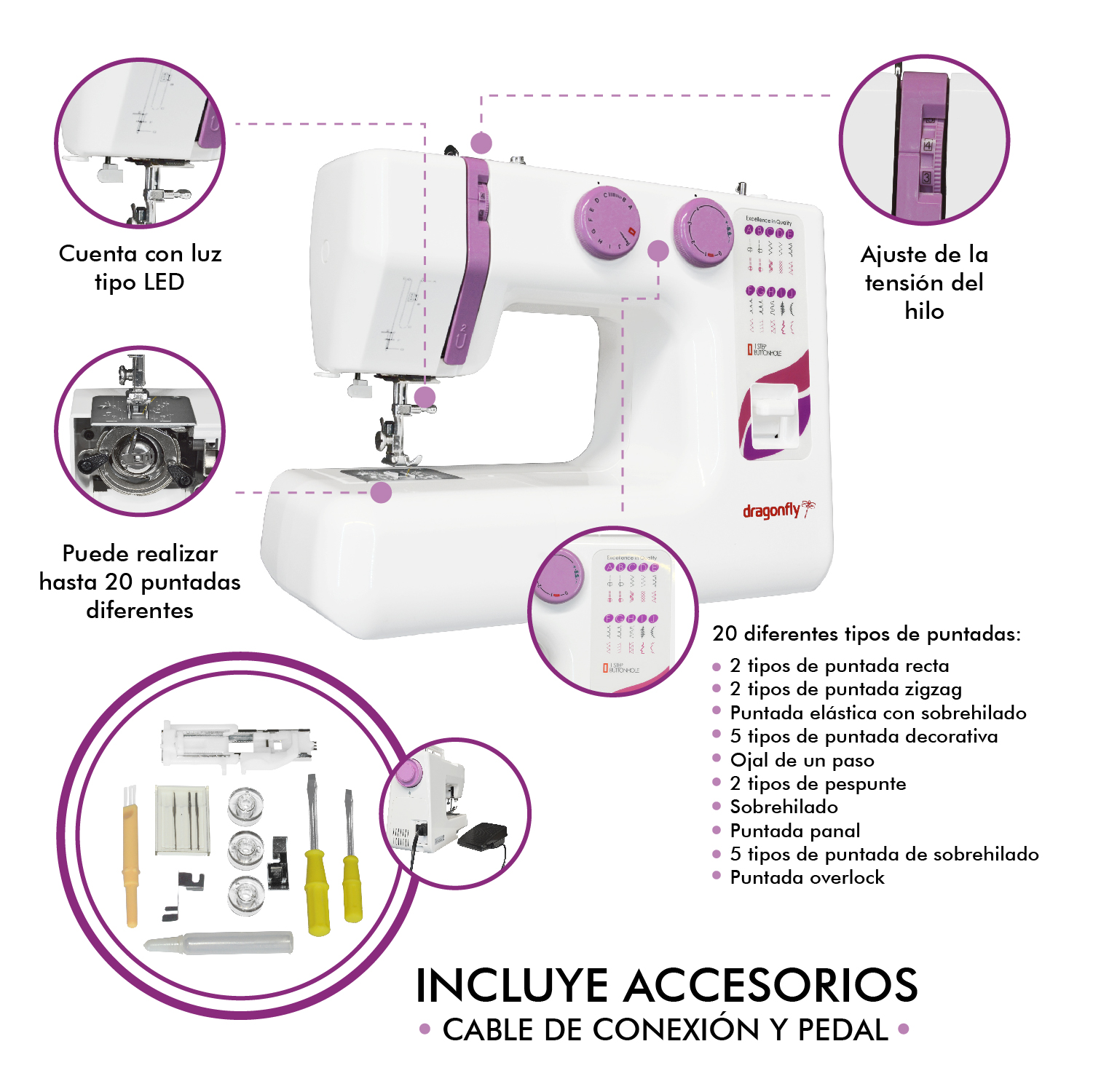 Maquina Coser Mecanica 20 Puntadas Dragonfly Logitud de Puntada Ajustable Luz Led