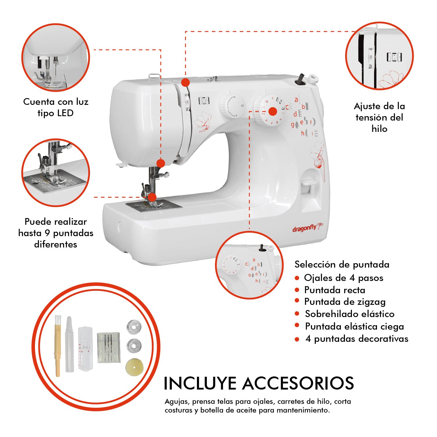 Maquina Coser Mecanica 9 Puntadas Longitud de Puntada Ajustable Ojal 4 Pasos Luz Led