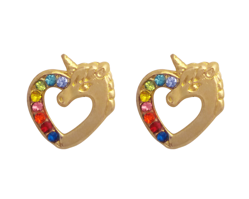 BROQUELES DE CORAZÓN UNICORNIO EN ORO AMARILLO DE 10K + OBSEQUIO