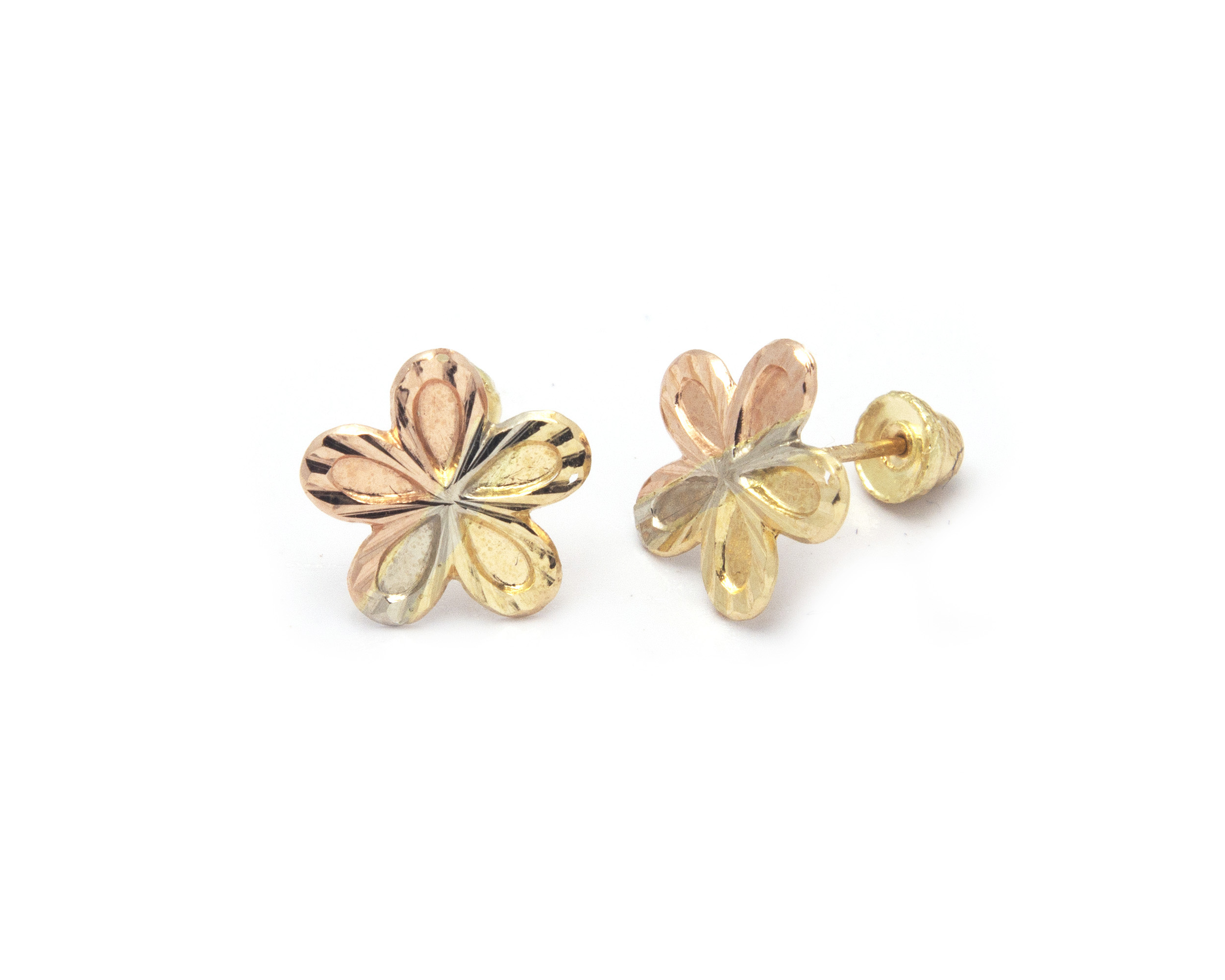 BROQUELES CON DISEÑO DE MARGARITA EN ORO DE 3 COLORES DE 10K + OBSEQUIO
