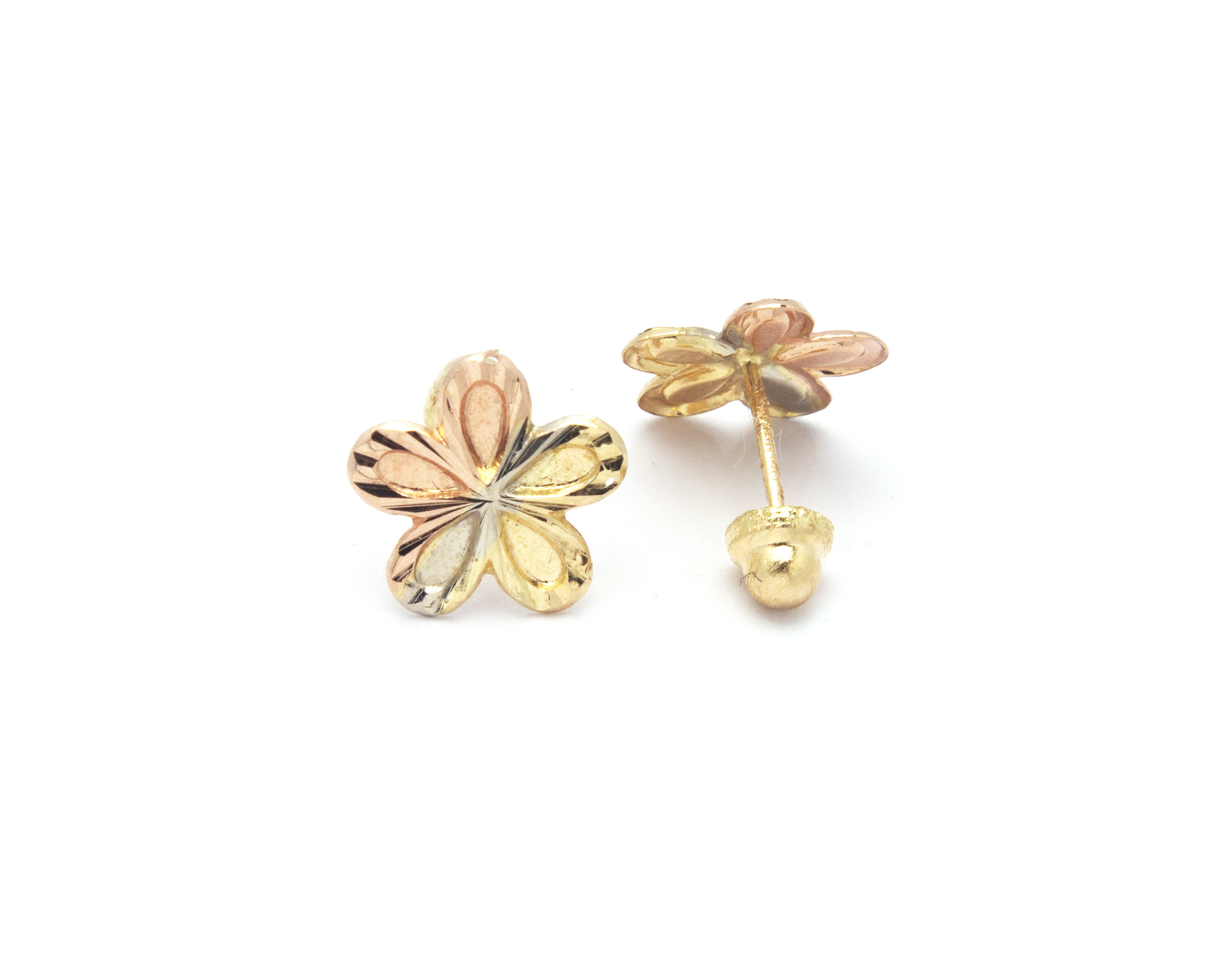 BROQUELES CON DISEÑO DE MARGARITA EN ORO DE 3 COLORES DE 10K + OBSEQUIO
