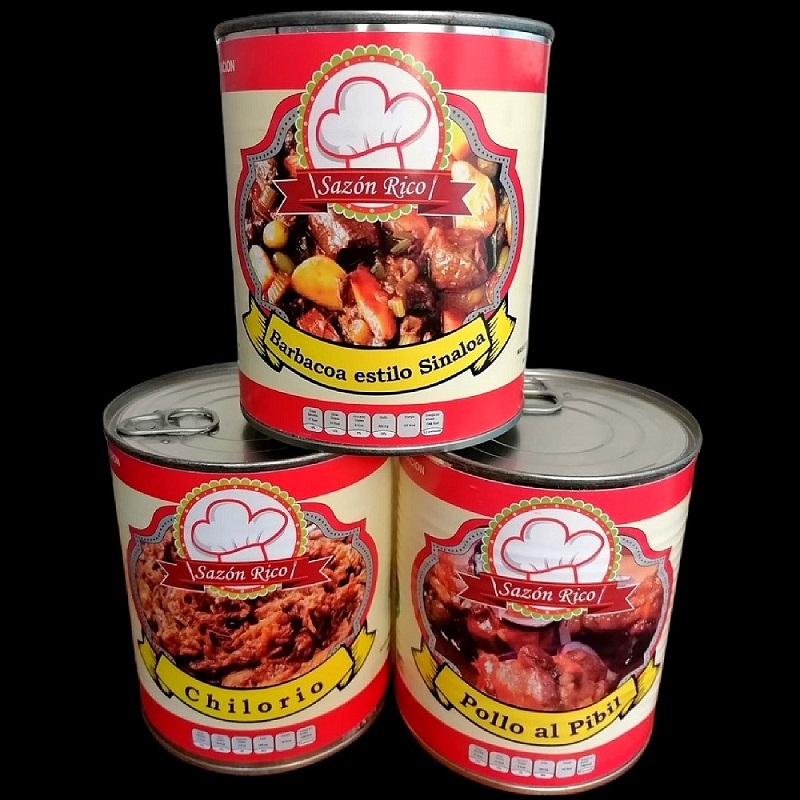 SAZON RICO Paquete de 3 Deliciosos Platillos Enlatados CHILORIO, POLLO AL PIBIL Y BARBACOA ESTILO SINALOA