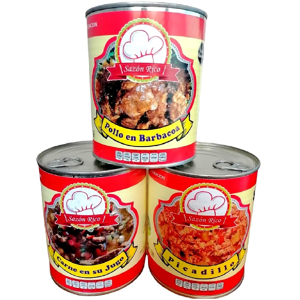 SAZON RICO Paquete de 3 Deliciosos Platillos Enlatados POLLO EN BARBACOA, CARNE EN SU JUGO Y PICADILLO
