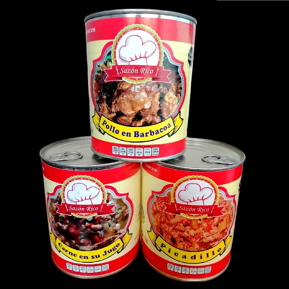 SAZON RICO Paquete de 3 Deliciosos Platillos Enlatados POLLO EN BARBACOA, CARNE EN SU JUGO Y PICADILLO