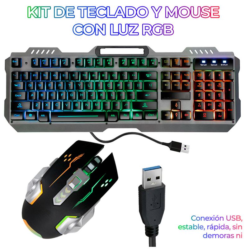 KIT TECLADO Y MOUSE USB GAMER RGB EN ESPAÑOL COMPLETO