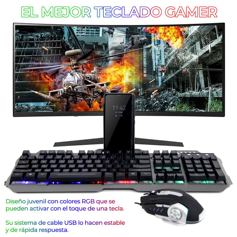 KIT TECLADO Y MOUSE USB GAMER RGB EN ESPAÑOL COMPLETO