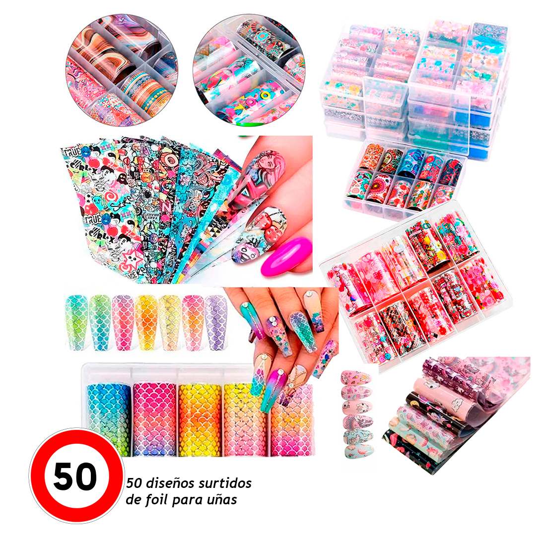 50 Pegatinas Para Decorar Uñas Trasnferencia de Laminas Foil Surtido Mixto