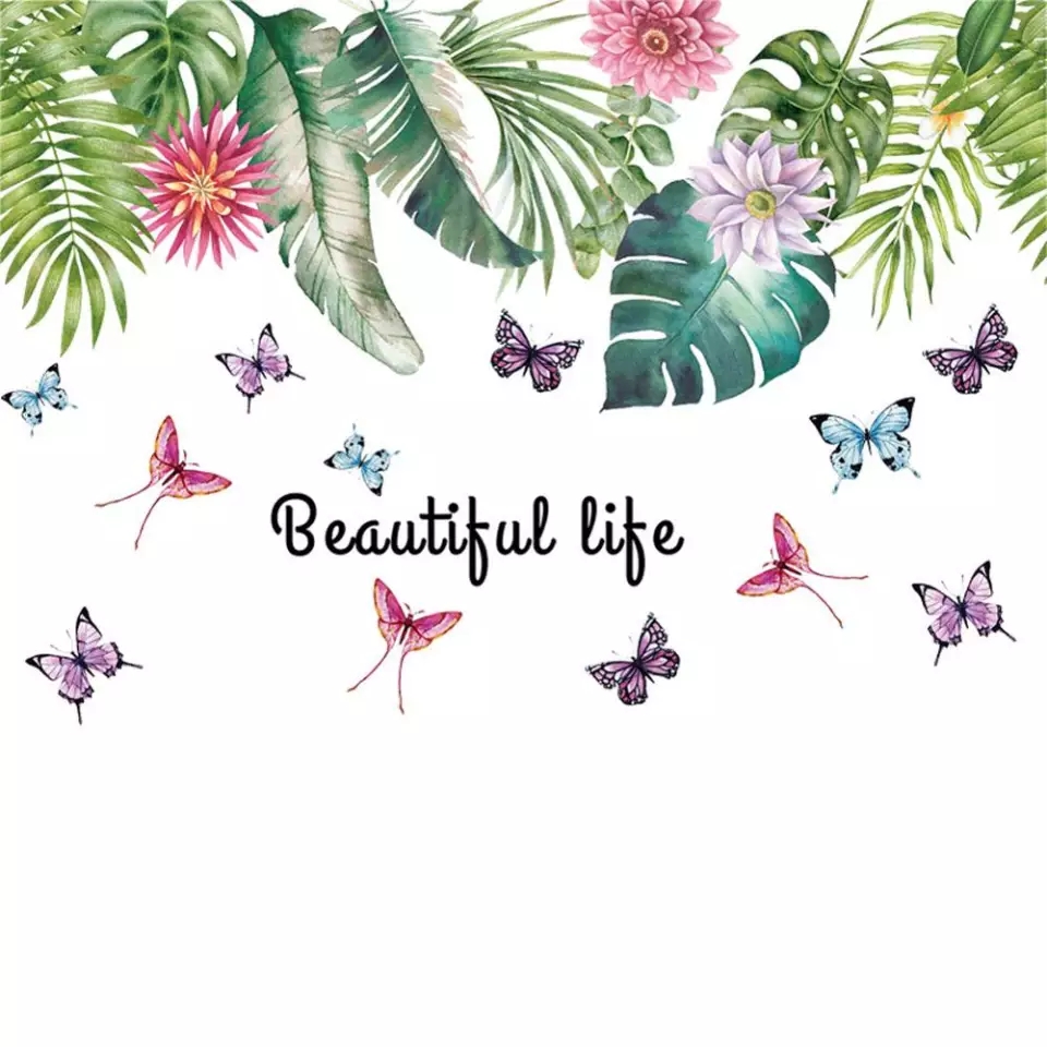 Vinil Decorativo Interiores Hojas Flores Mariposas Bosque