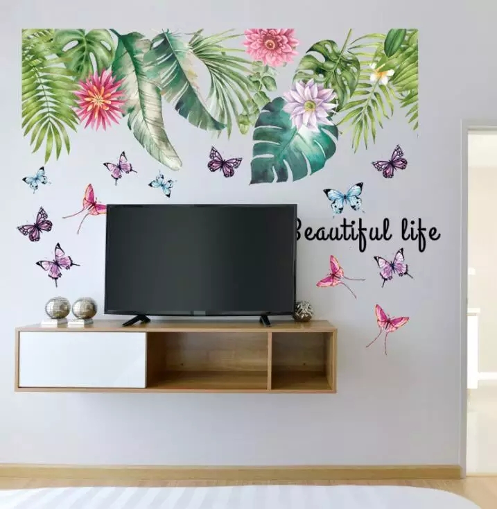 Vinil Decorativo Interiores Hojas Flores Mariposas Bosque